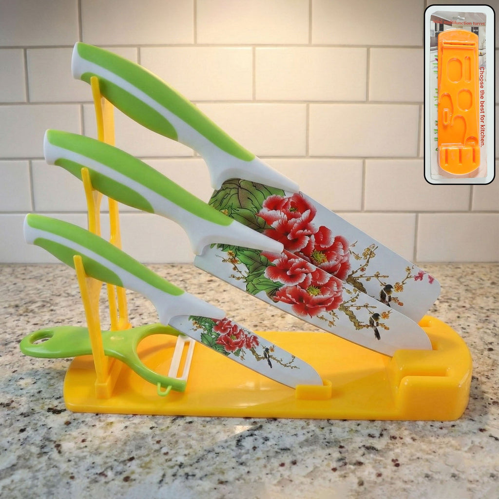 White plastic kitchen knife stand on a countertop, showcasing its bright, smooth finish.