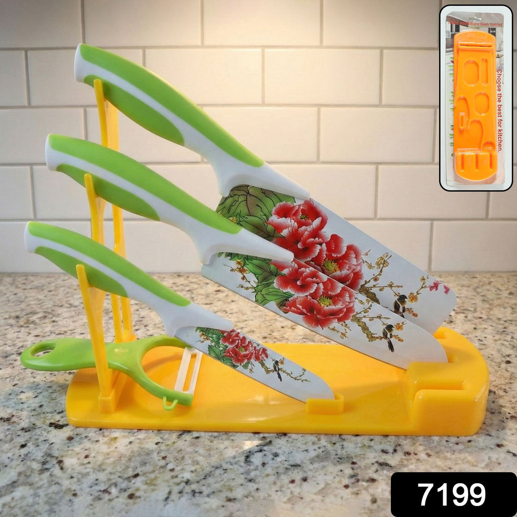 Side view of the plastic knife stand holding various kitchen knives, demonstrating its storage capacity.