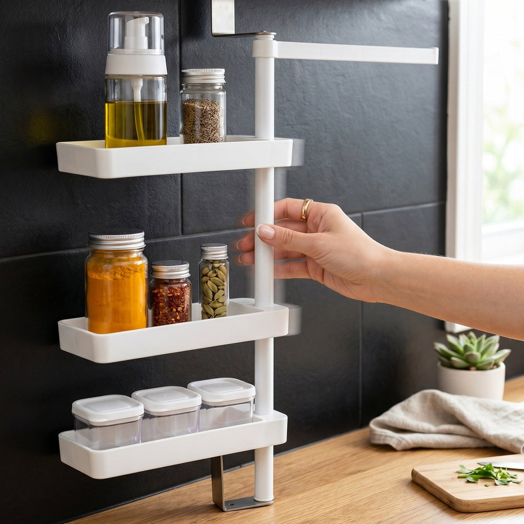 Close-up showing ample tier space of the rotating storage rack