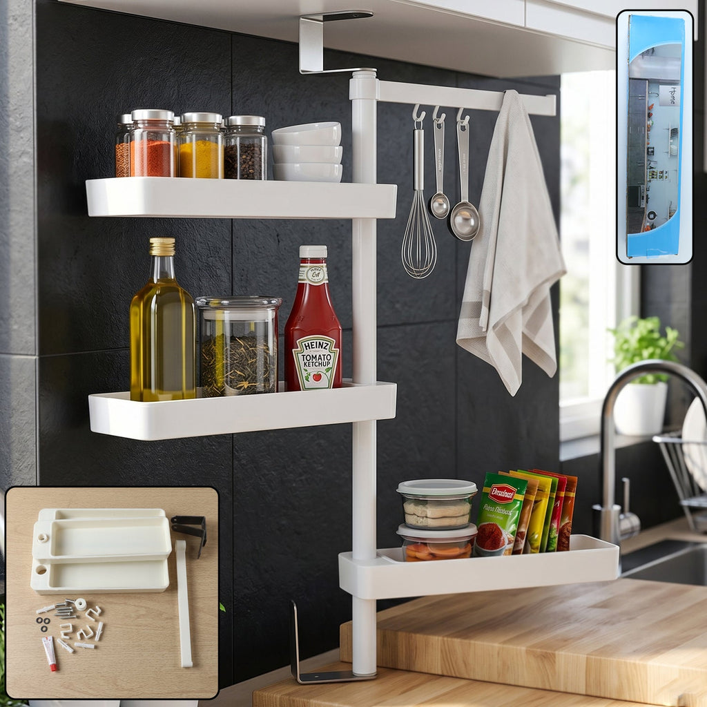 4-tier rotating storage rack organised neatly on kitchen counter
