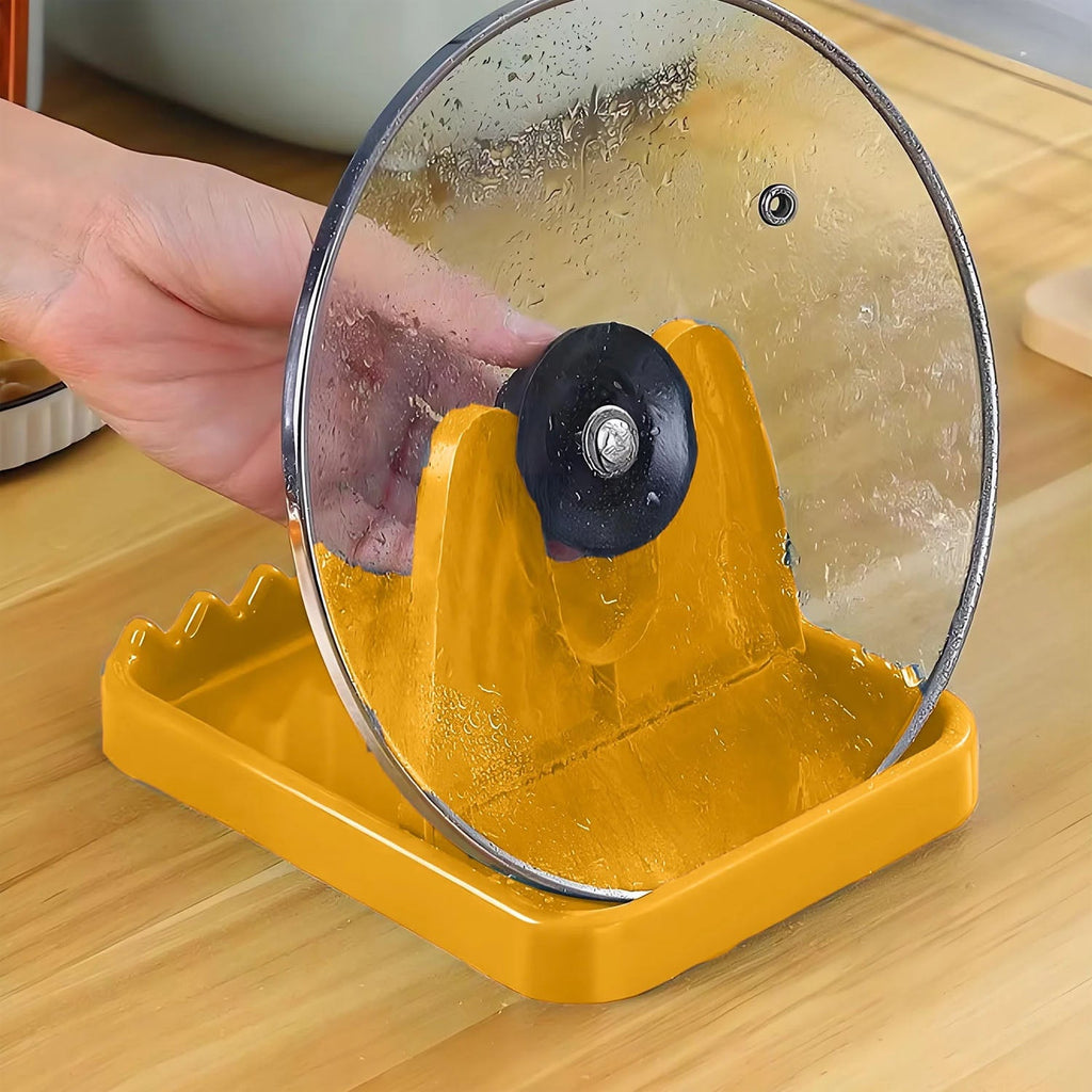 Side view of utensil and lid holder stand displaying stable base