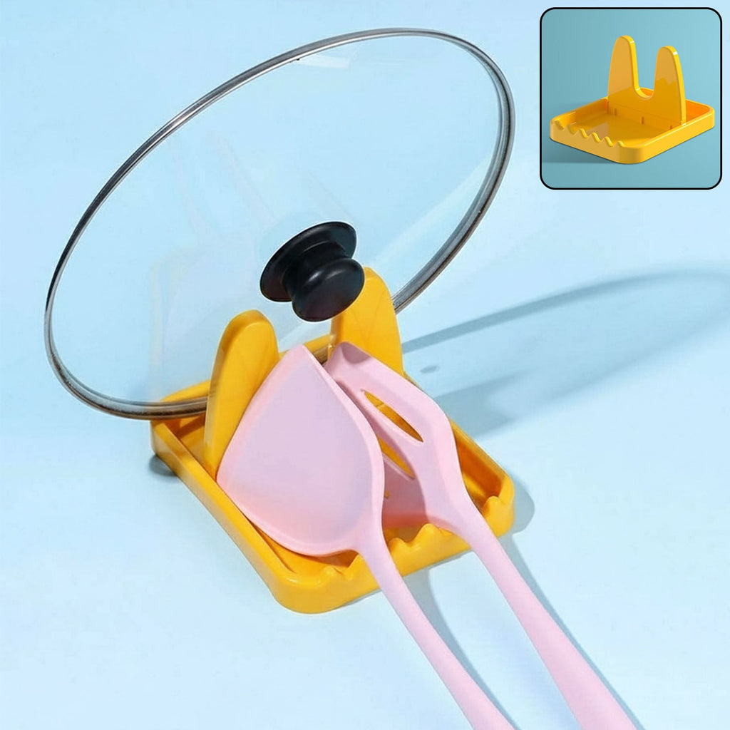 Multipurpose kitchen lid and spoon holder stand placed on kitchen countertop
