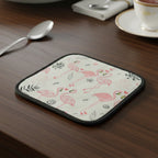 Printed pot holder mat in use on kitchen countertop protecting surface