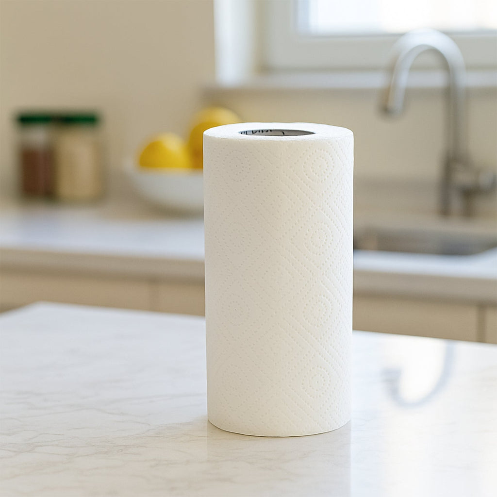 Full view of Freshee kitchen paper towel roll with 60 super absorbent sheets