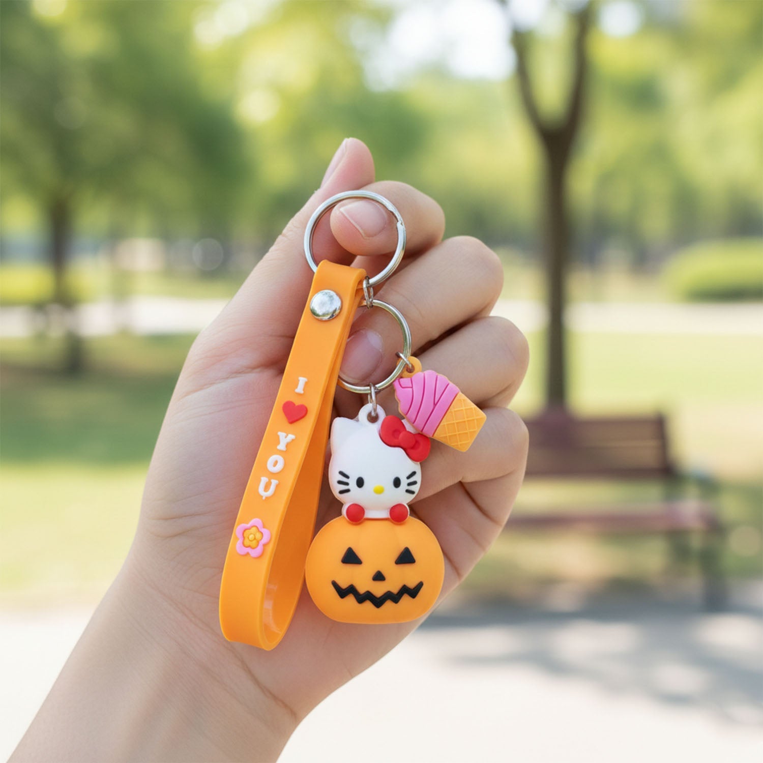 Trendy animal theme keychain featuring a kitty and pumpkin