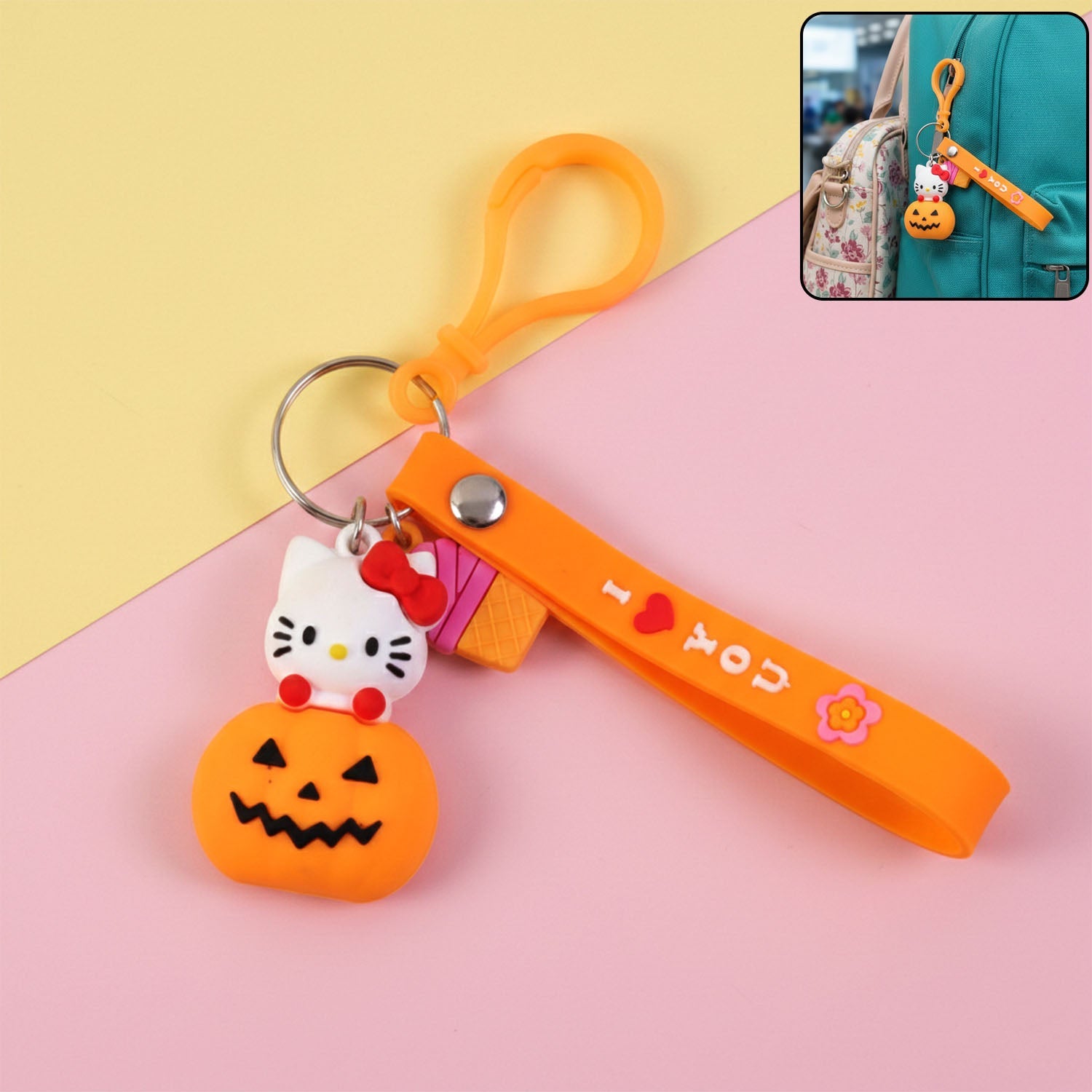 Cute cartoon kitty pumpkin keychain with decorative strap