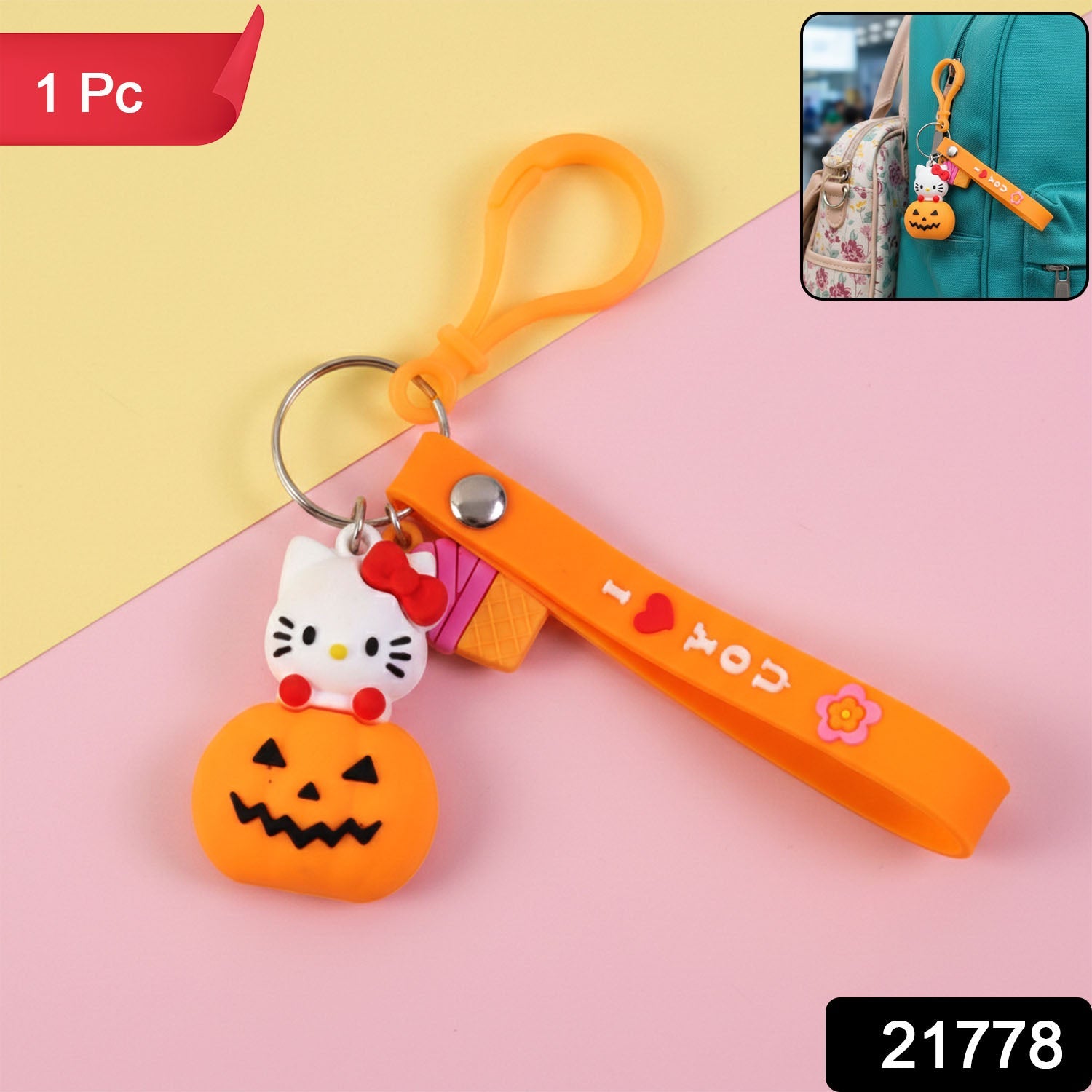 Adorable cat pumpkin metal key ring keychain