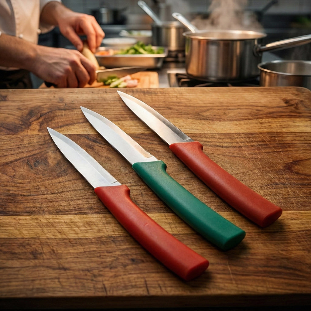 Close-up of multipurpose kitchen knife set blades for precise slicing
