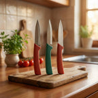 Complete knife set showing sharp utility knives for kitchen use