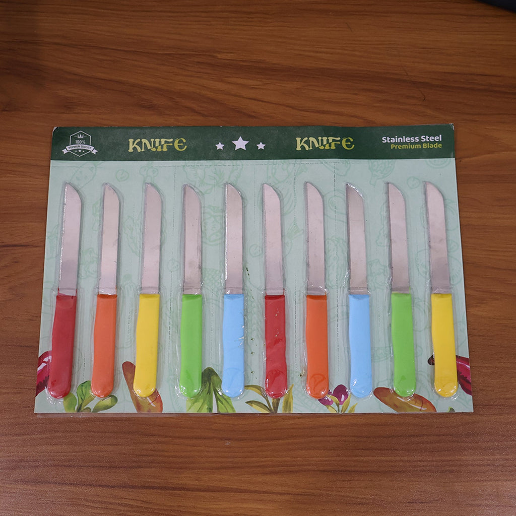 Full view of stainless steel utility knives with plastic handles for daily kitchen tasks