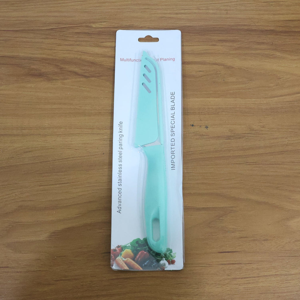 Full view of kitchen knife with ergonomic handle and protective blade cover