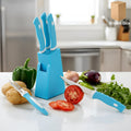 Complete 6-piece Stainless Steel Knife Set with peeler and colorful stand.