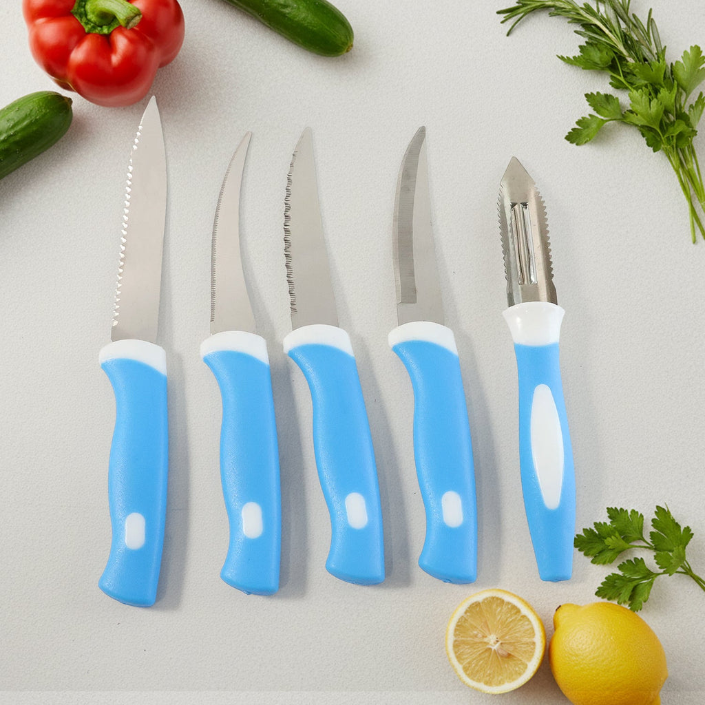Detailed shot of durable stainless steel knife blades with ergonomic plastic handles.