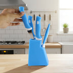 The 6-piece kitchen knife set securely displayed in its vibrant plastic stand.