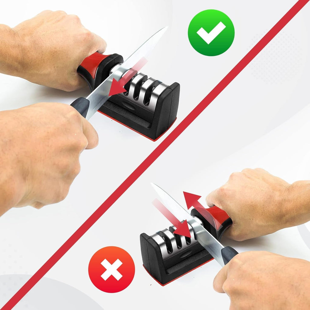 Manual knife sharpening tool with three-stage sharpening system