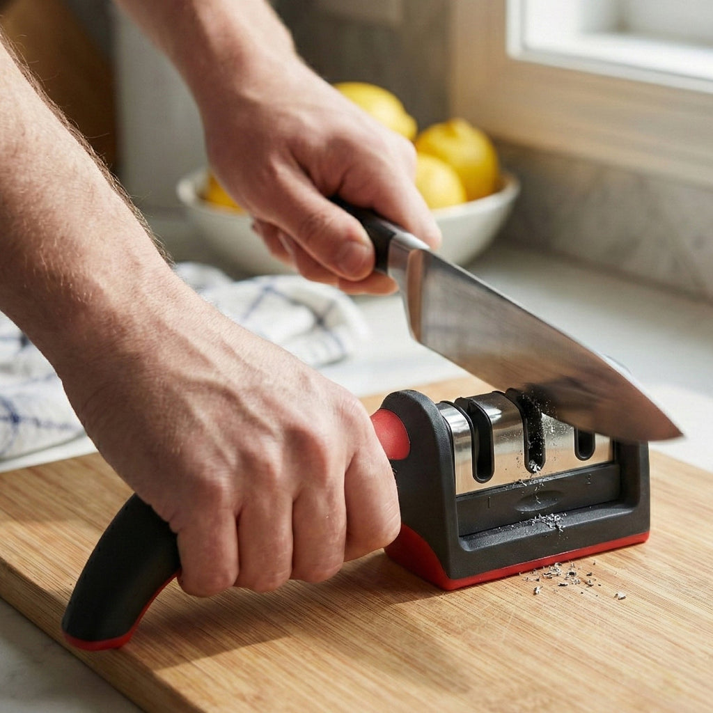 Ergonomic handle knife sharpener for safe and comfortable grip