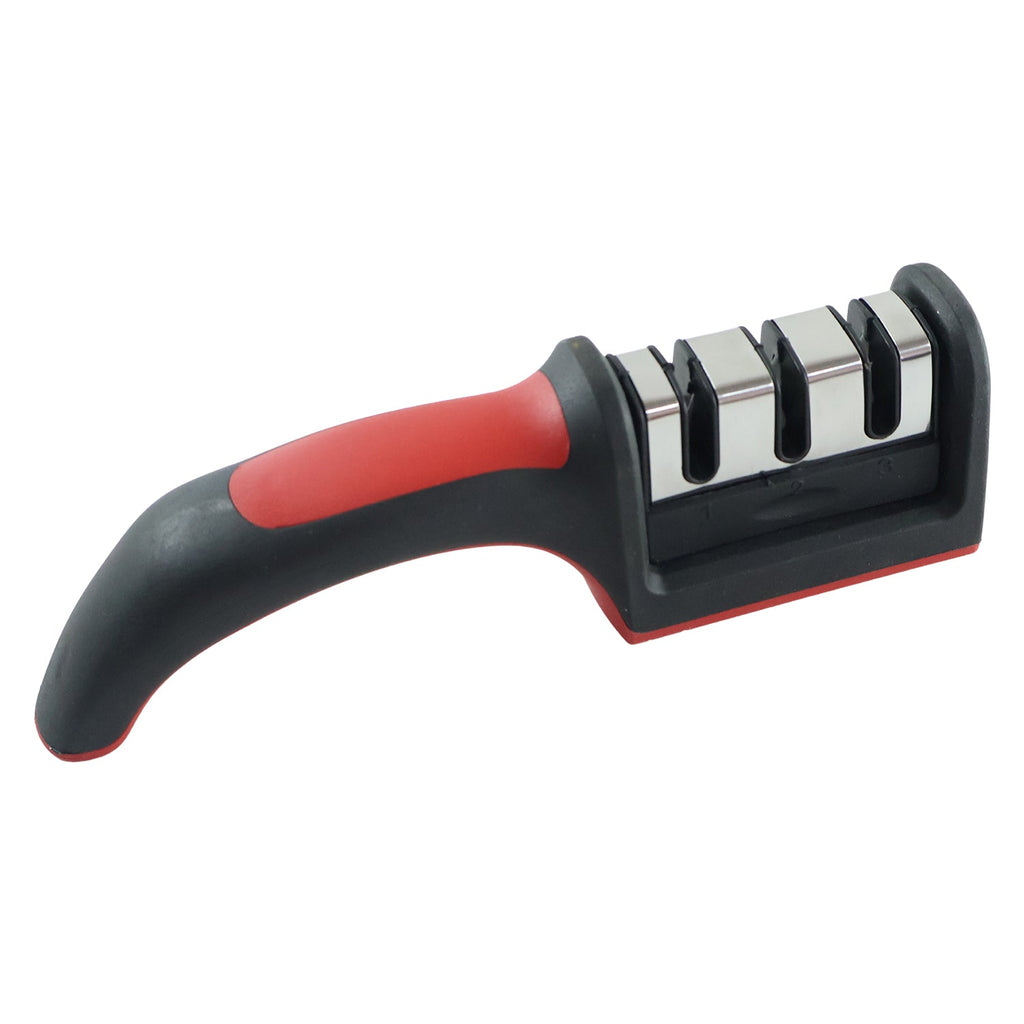 Multi-stage knife sharpener designed for professional kitchen use