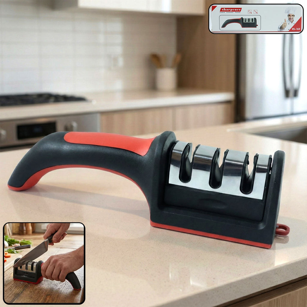 Red and black 3-stage manual knife sharpener for home kitchen use.