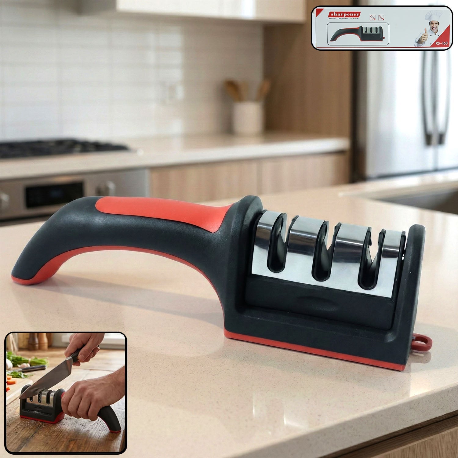 Red and black 3-stage manual knife sharpener for home kitchen use.