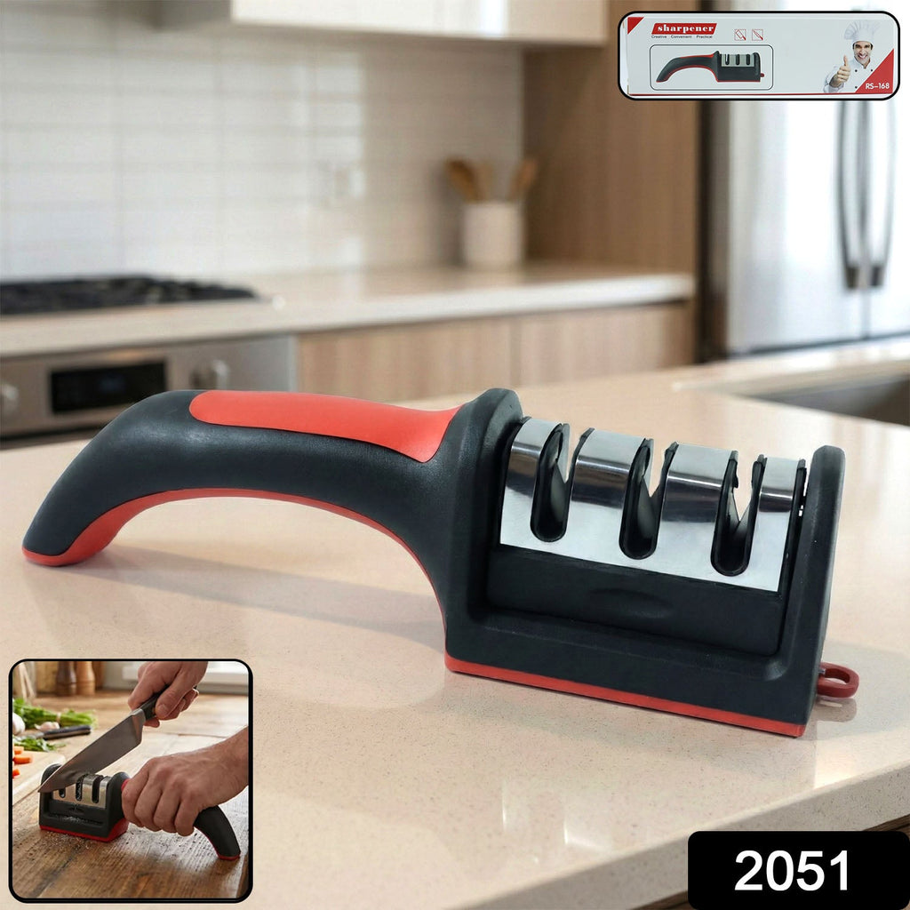 Side view of the ergonomic 3-stage knife sharpener with non-slip base.