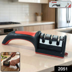 Side view of the ergonomic 3-stage knife sharpener with non-slip base.