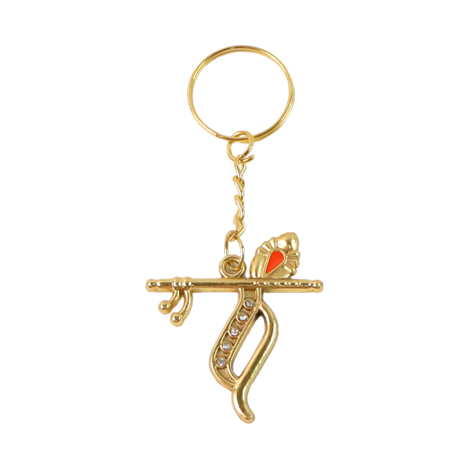 Keychain attached to keyring displaying detailed Krishna design with flute and peacock feather