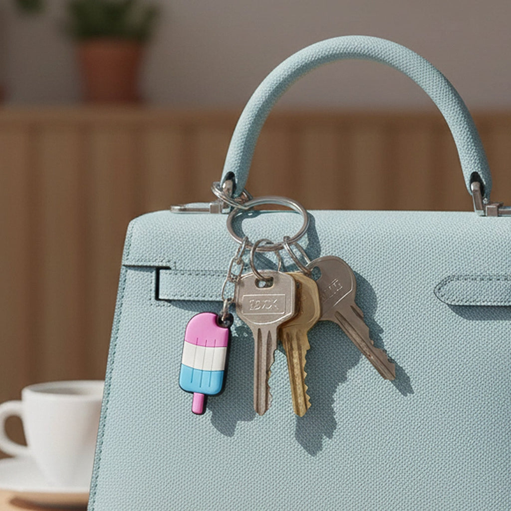 Close-up of popsicle-shaped colorful cartoon key holder with metal ring