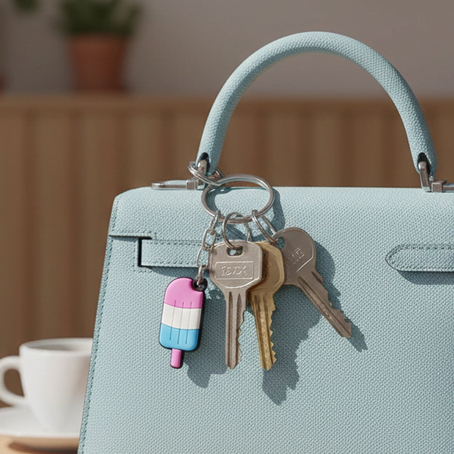 Close-up of popsicle-shaped colorful cartoon key holder with metal ring