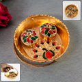 Elegant Peacock Meenakari Pooja Tray with two lidded kumkum bowls.