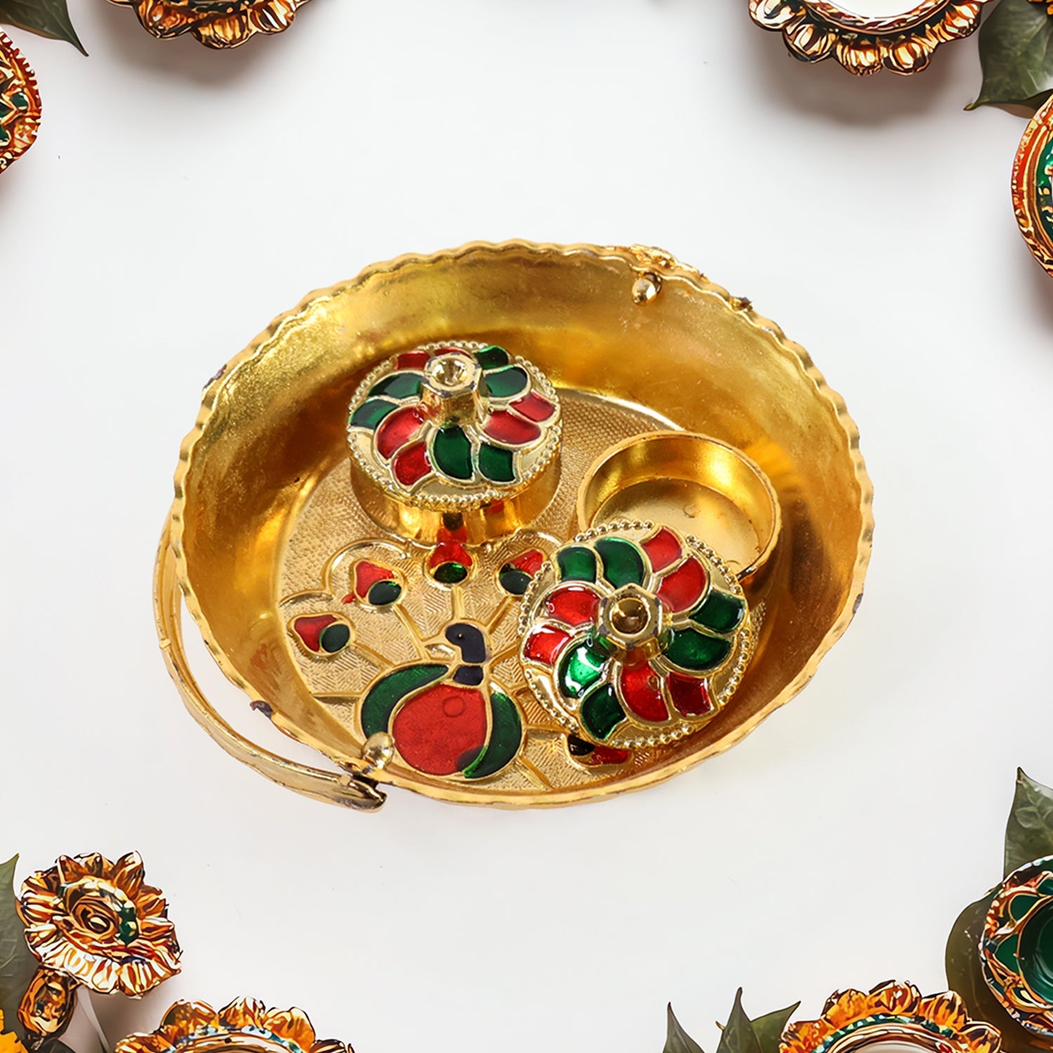 Side view of the Peacock Meenakari Pooja Tray with its functional carry handle.
