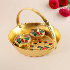 Peacock Meenakari Pooja Tray showcasing its compact size and two lidded containers.