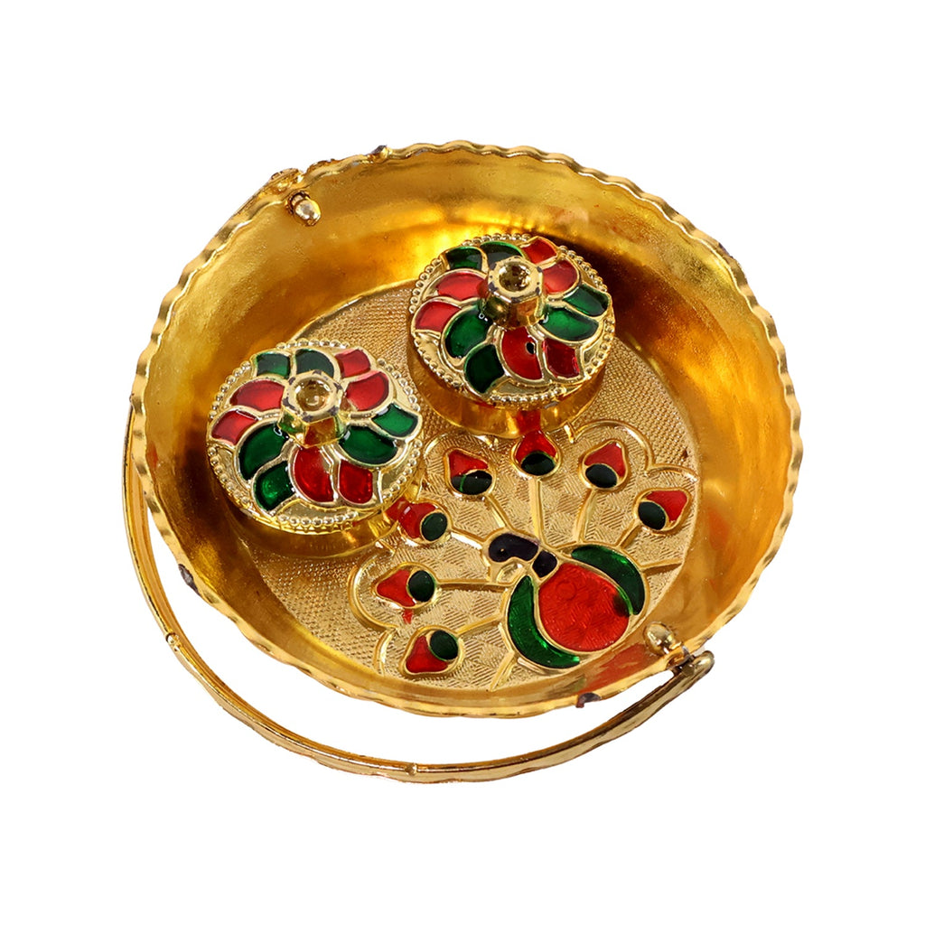 Peacock Meenakari Pooja Tray displayed as a festive centerpiece for aarti.