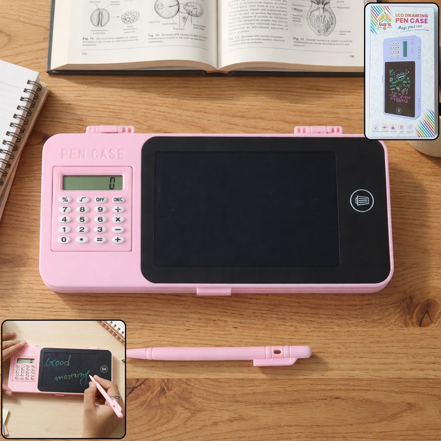 LCD writing tablet pencil case with organized stationery storage