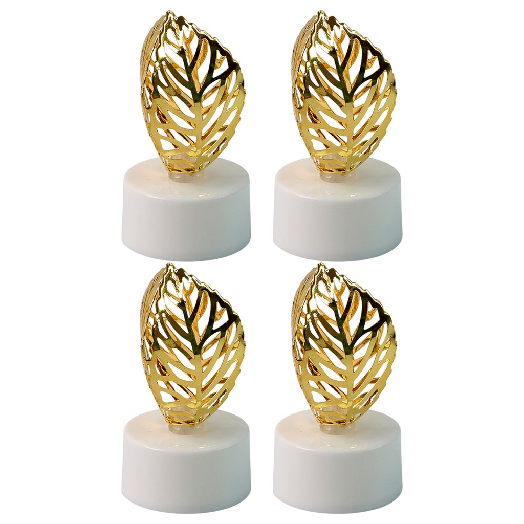 Arrangement of golden leaf LED candles on a decorative tray, perfect for Diwali or parties.
