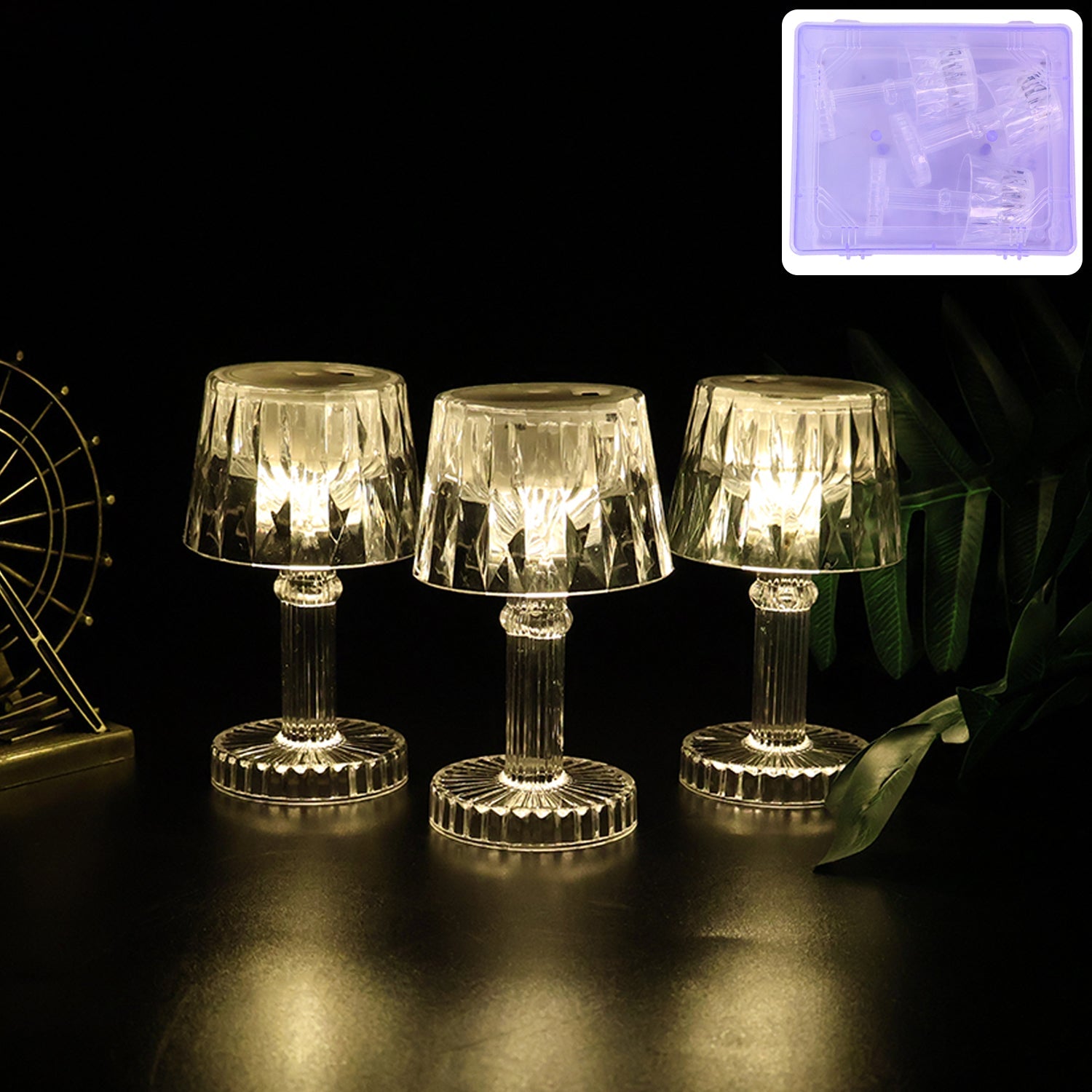 Set of 3 LED mini table lamps with crystal-effect lampshades providing warm ambient light