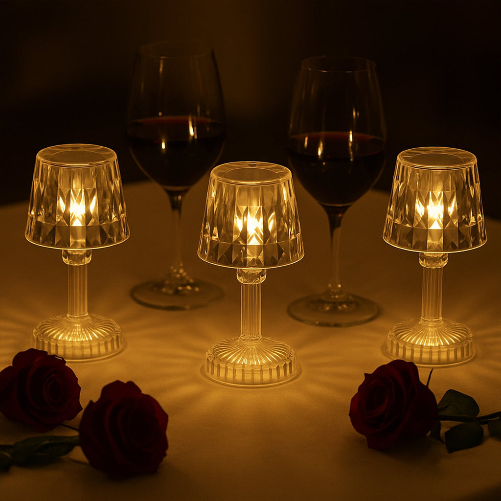 Battery operated LED mini table lamp shining softly on table setting for celebration