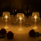 Battery operated LED mini table lamp shining softly on table setting for celebration