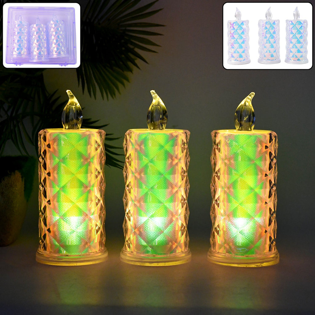 Set of 3 LED flameless decorative candle lights with crystal pattern