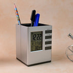 Multifunction digital desk clock showing time, date, and indoor temperature