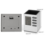 Top-down view of digital desk clock’s spacious pen holder neatly storing stationery