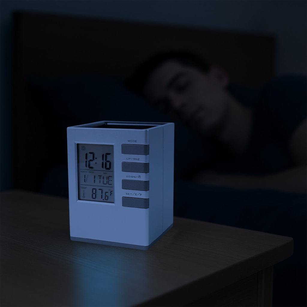 Side view of multifunction digital desk clock with easy control buttons