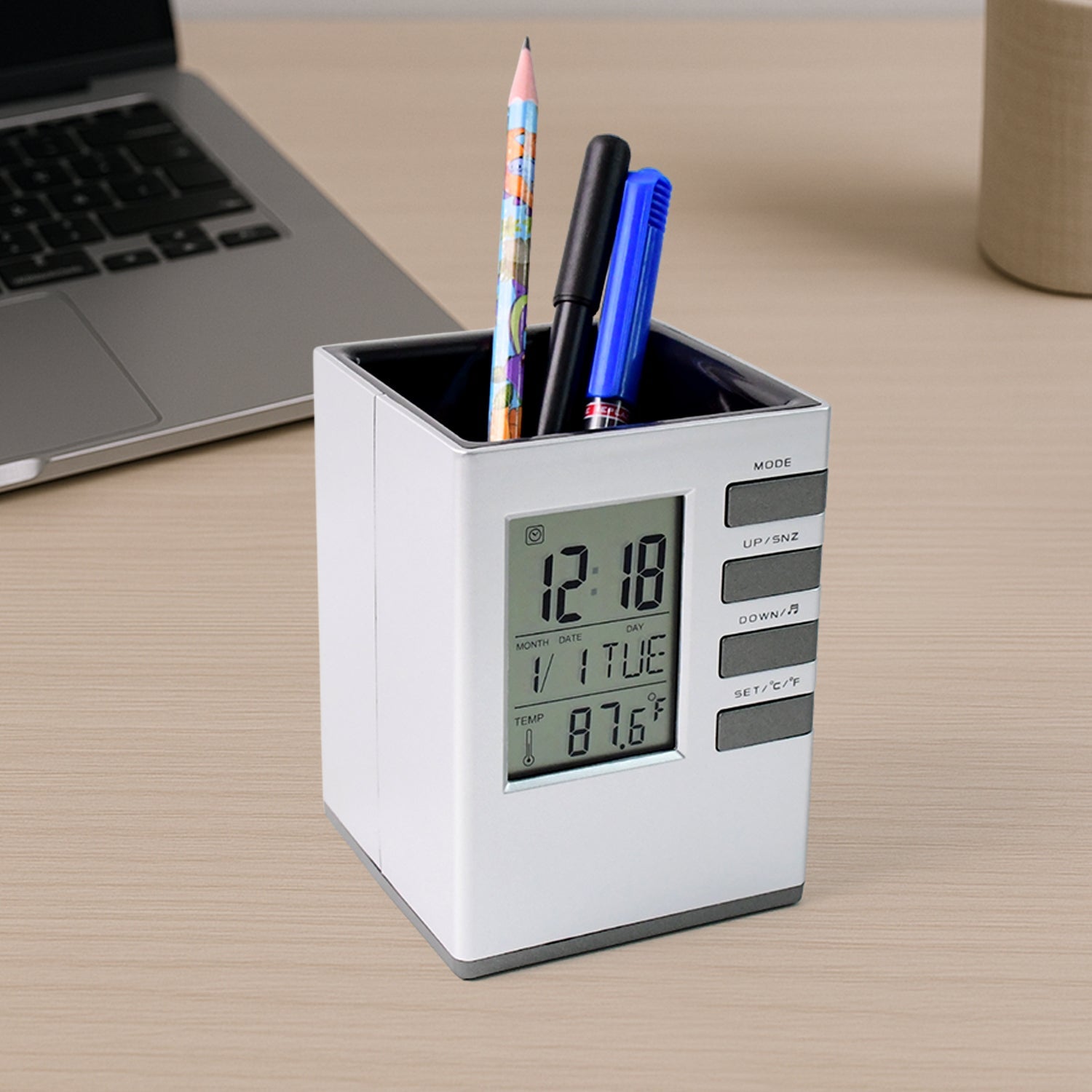 Compact cube digital desk clock with sleek modern design suitable for desks