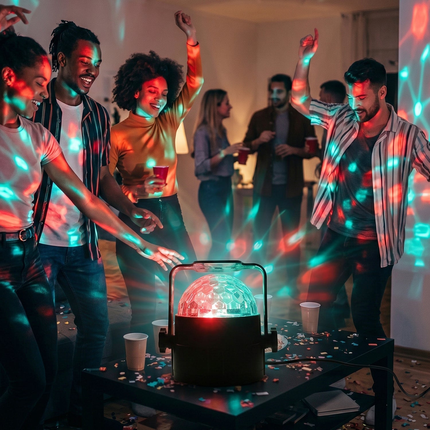 Close-up of the LED Disco Light Projector projecting a swirling galaxy of colors.