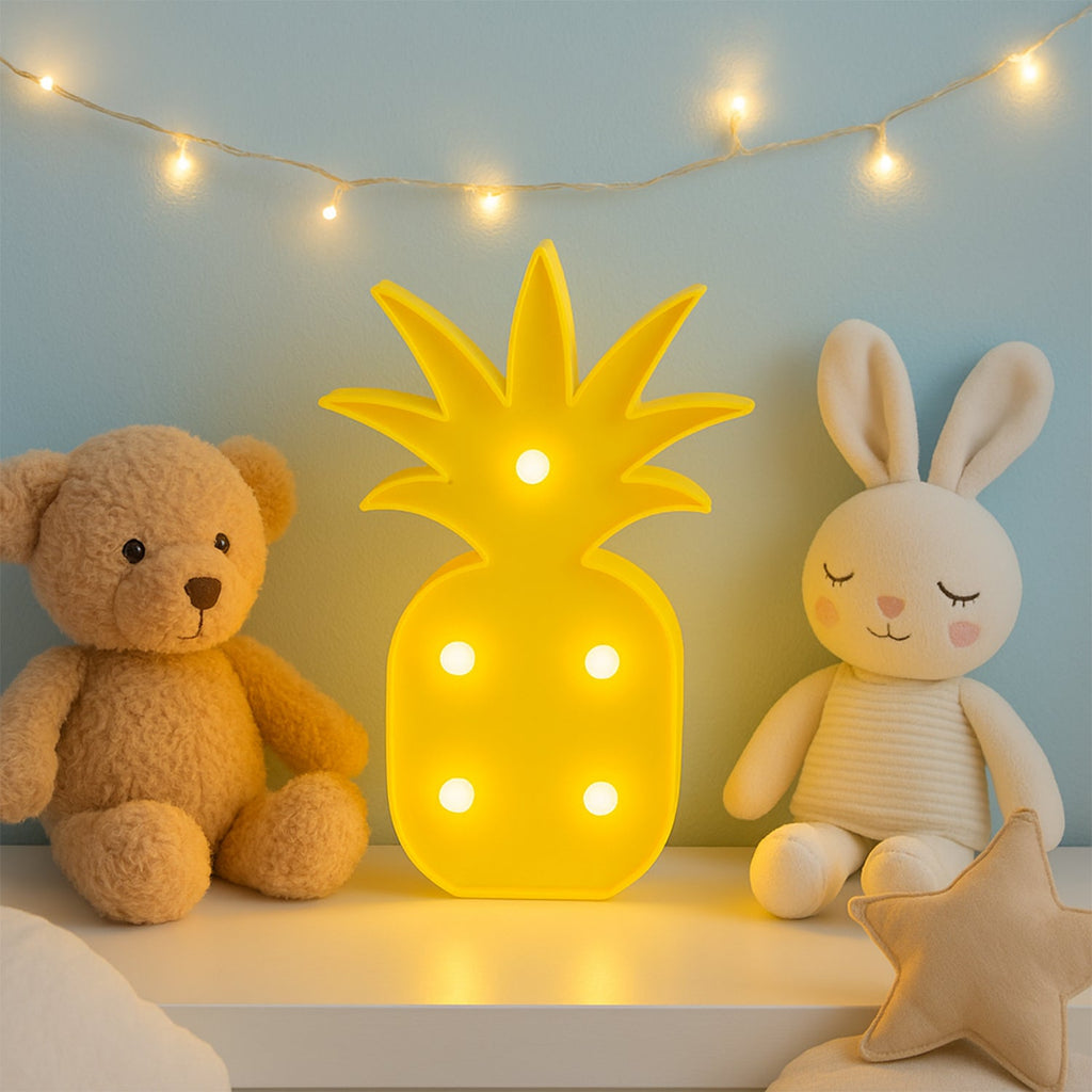 Close-up view of LED bulbs in pineapple shaped decorative night lamp