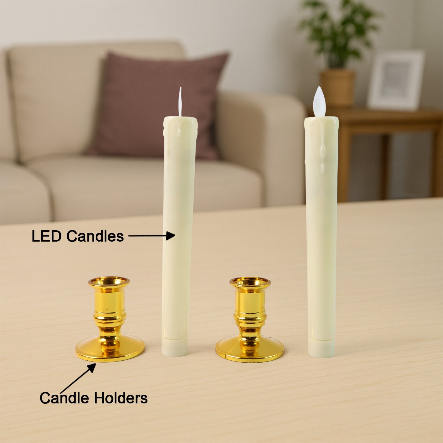 Battery powered LED flameless taper candles highlighting warm white flickering flame