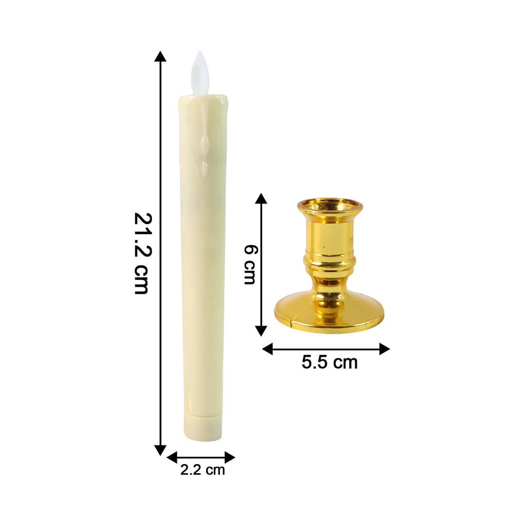 Two LED flameless taper candles with classic design placed on festive decorative stand
