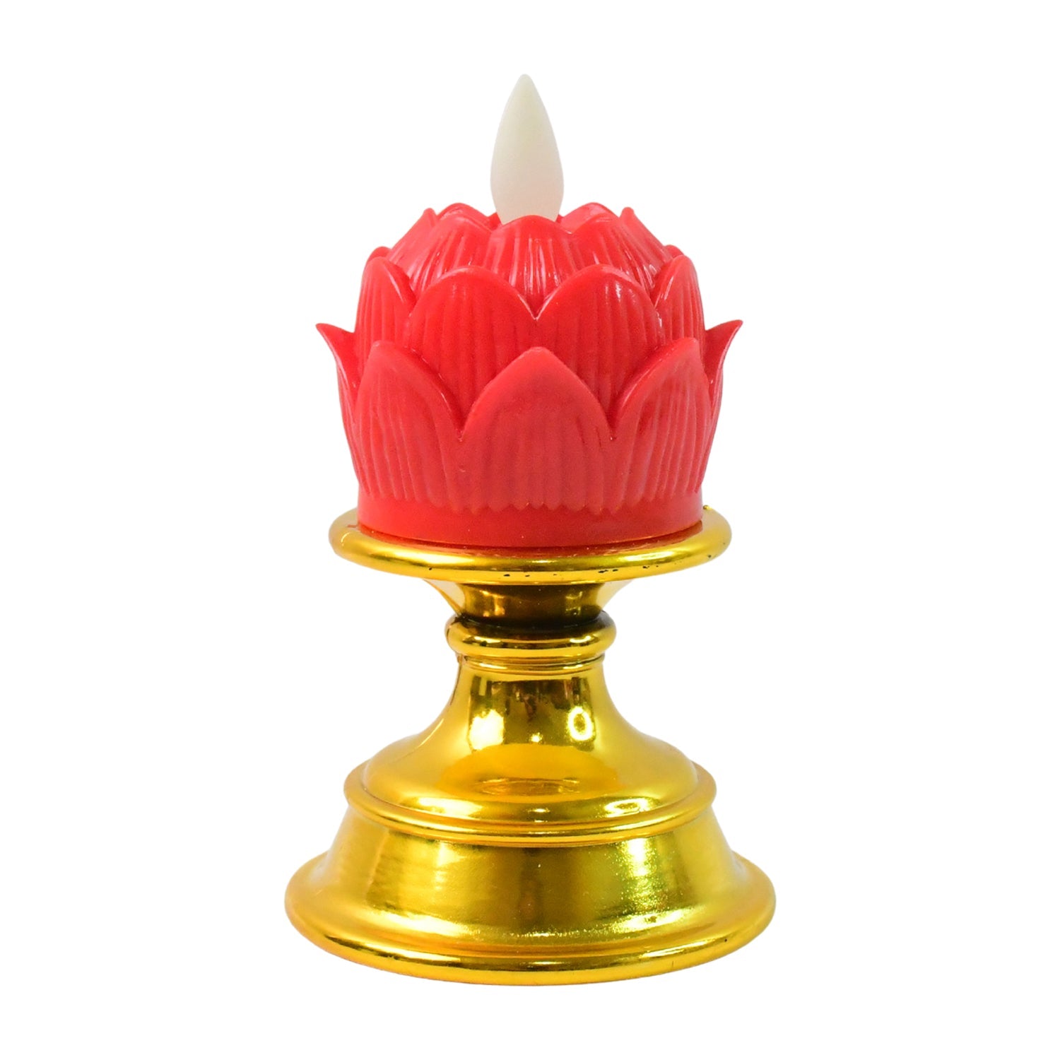 Battery operated lotus shaped LED candle offering safe, smokeless light with decorative holder