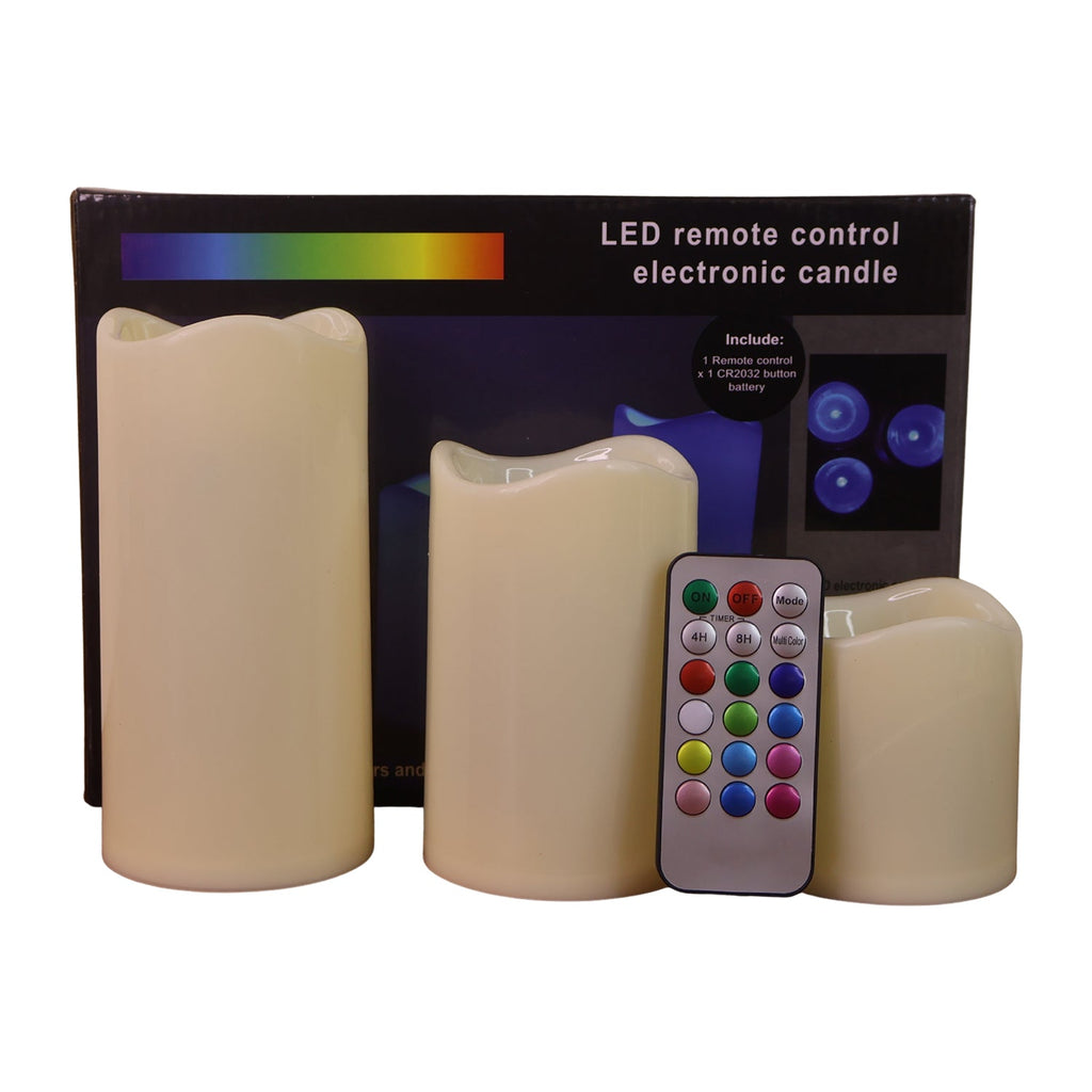 Three decorative LED flameless candles with remote control on display