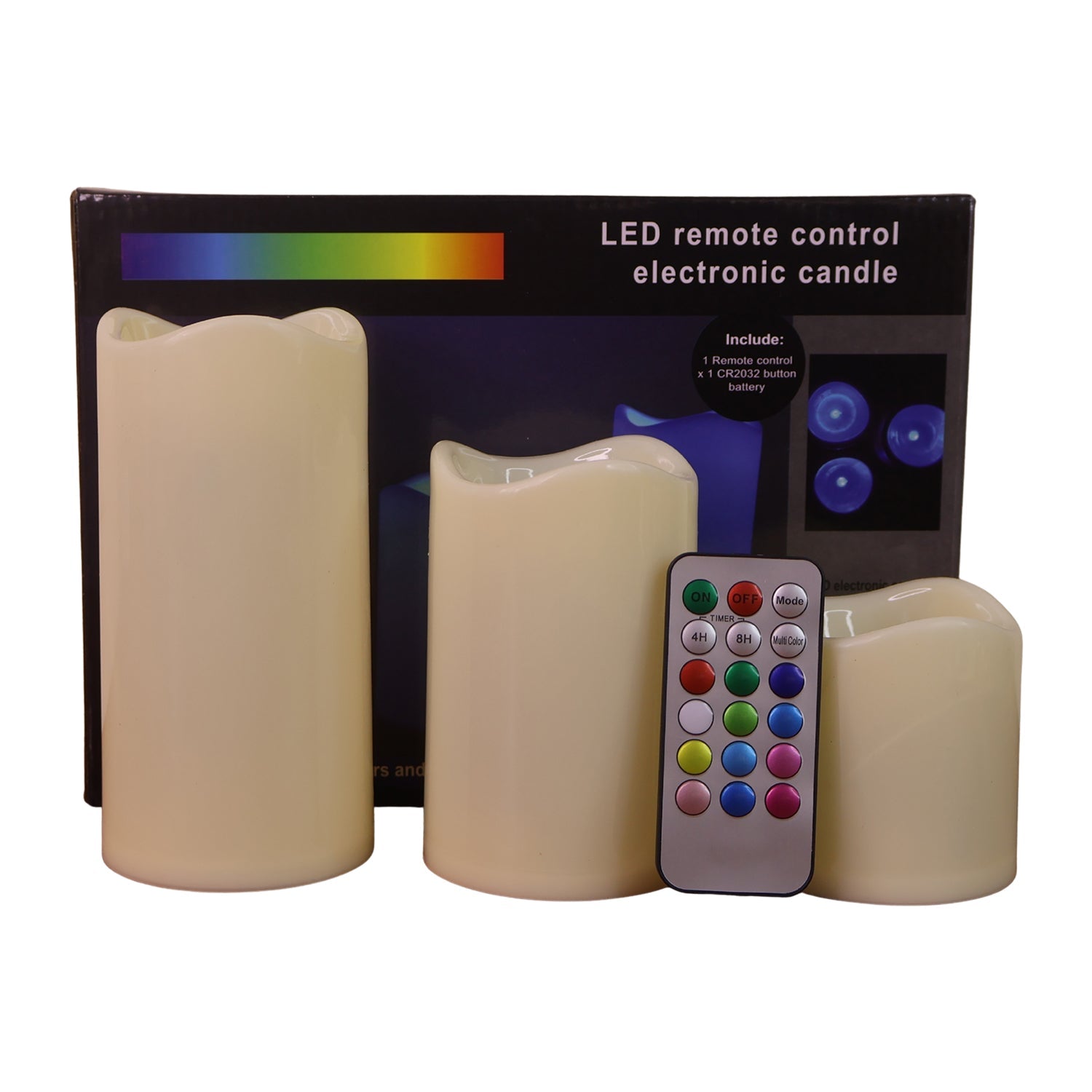Three decorative LED flameless candles with remote control on display