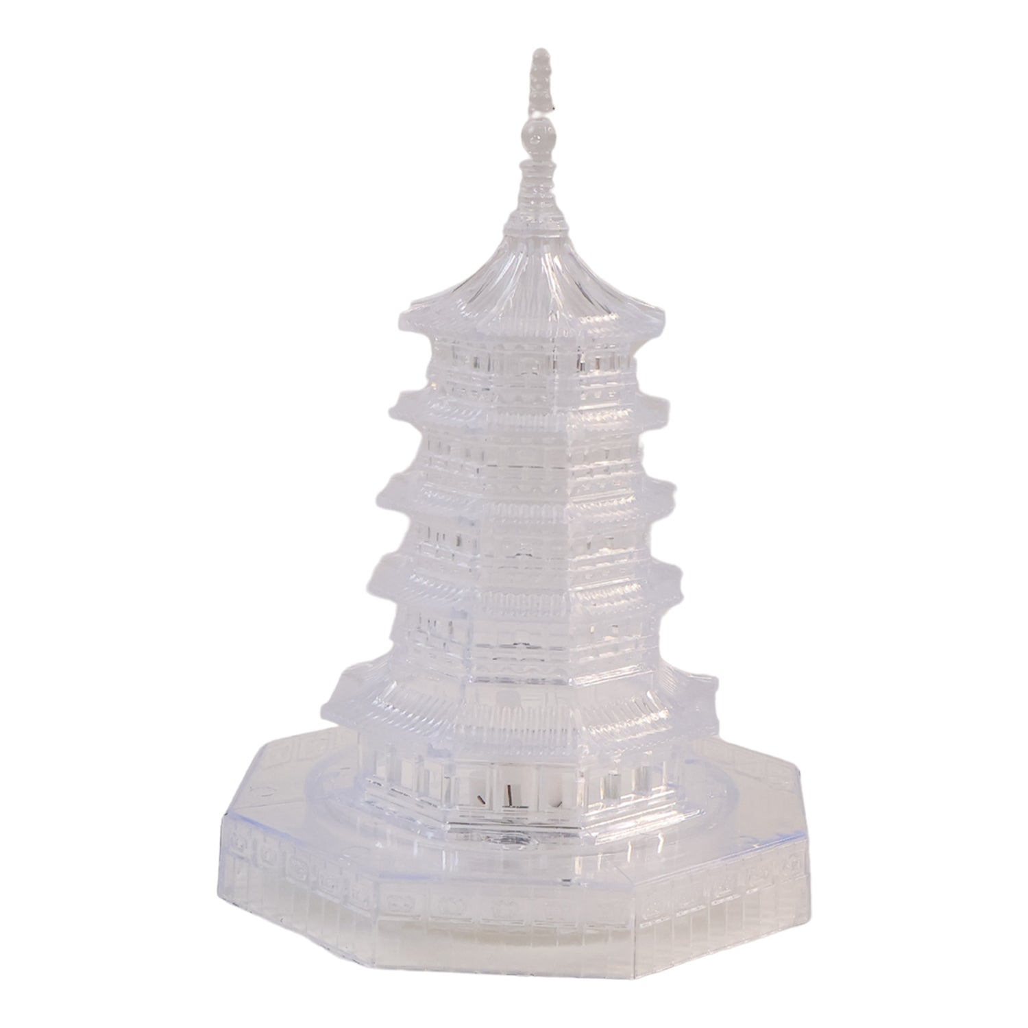 Illuminated crystal pagoda decorative lamp showing warm LED glow